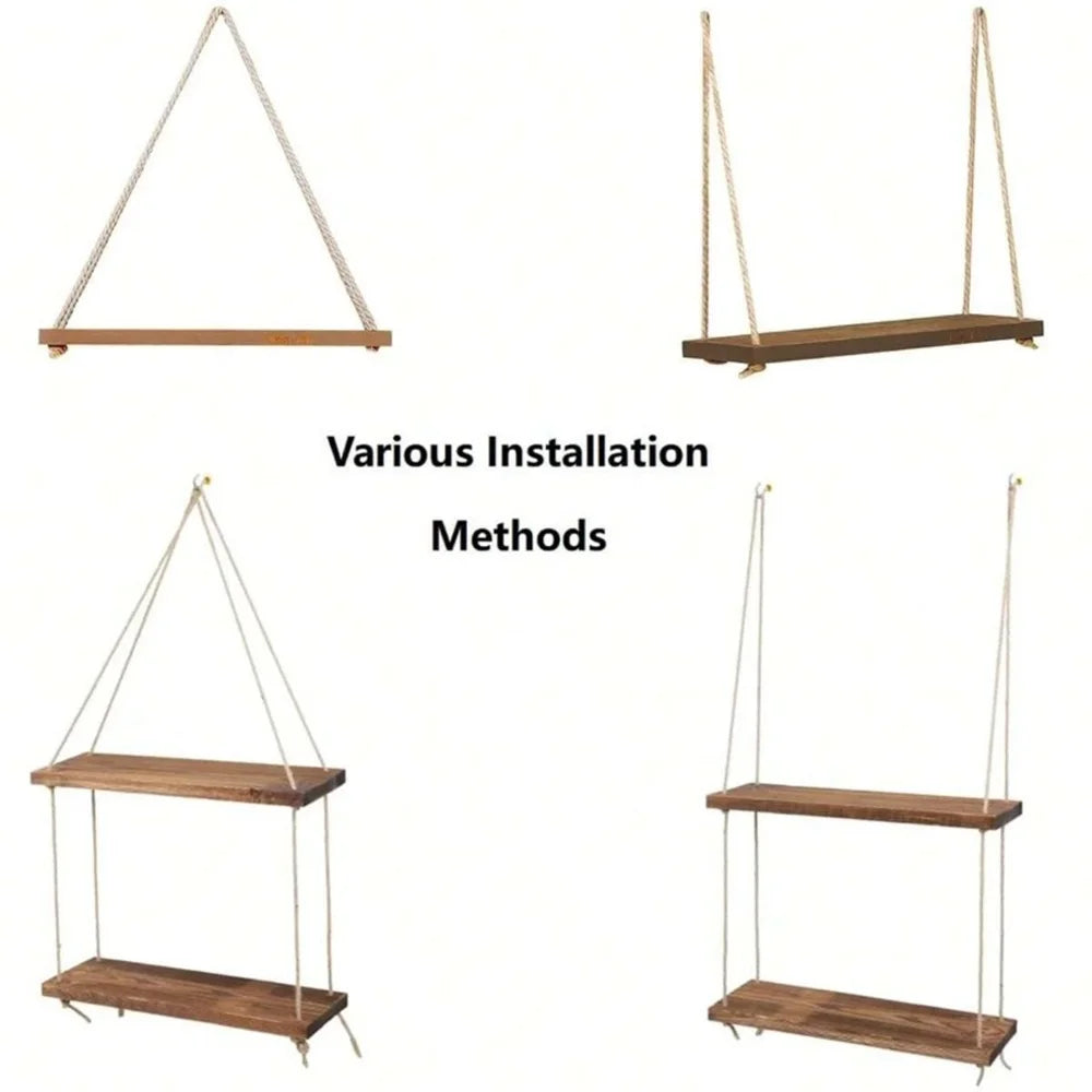 Wood Hanging Shelve Swing Hanging Hemp Rope Wall Shelve