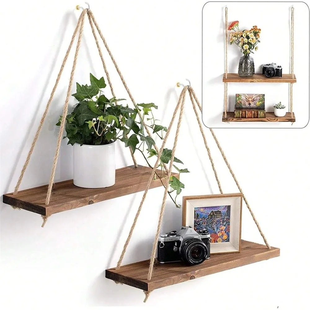 Wood Hanging Shelve Swing Hanging Hemp Rope Wall Shelve