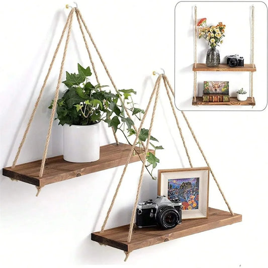 Wood Hanging Shelve Swing Hanging Hemp Rope Wall Shelve