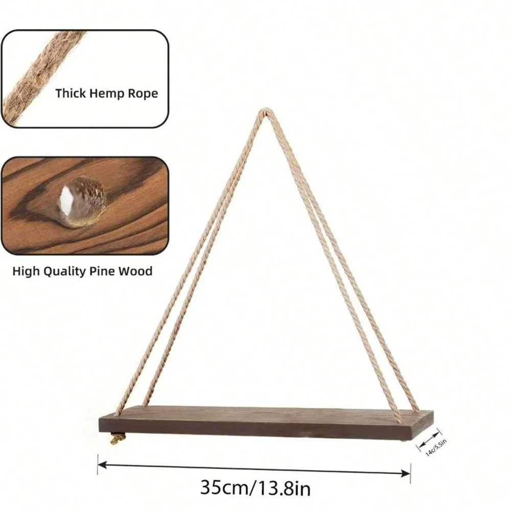 Wood Hanging Shelve Swing Hanging Hemp Rope Wall Shelve