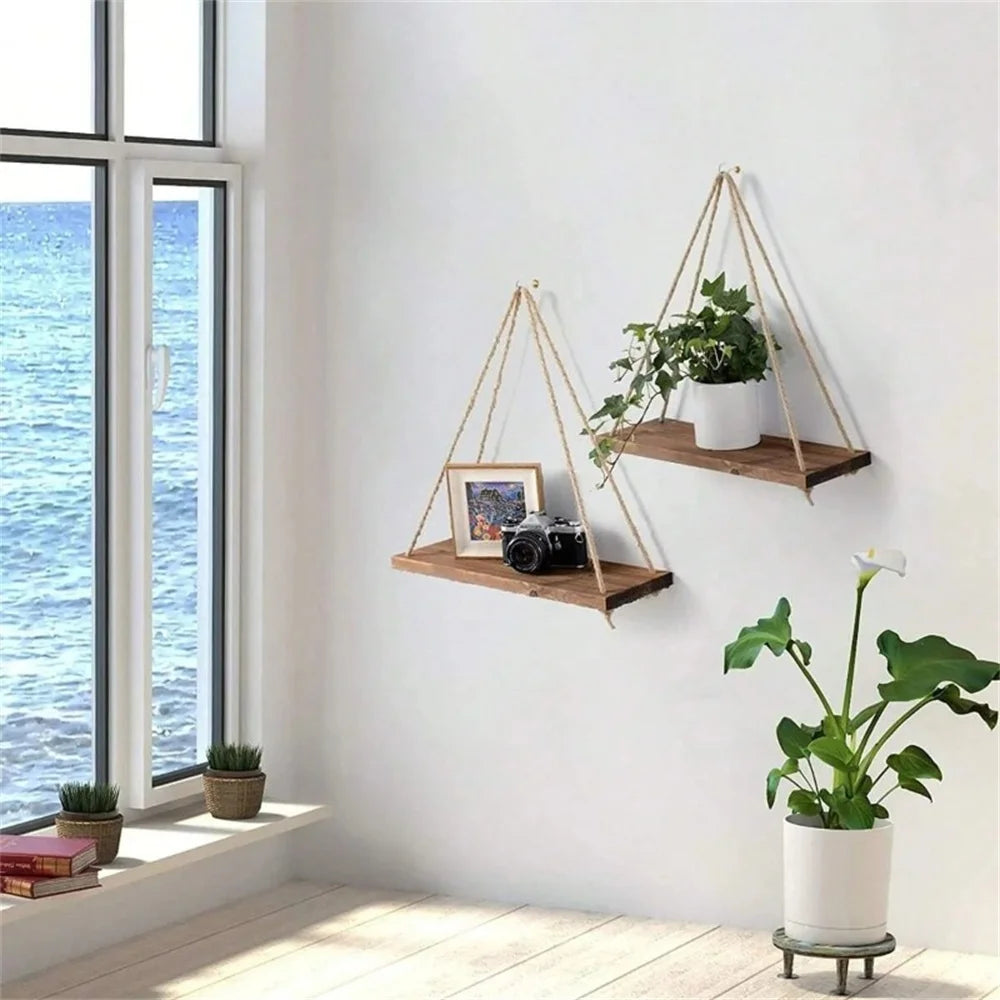 Wood Hanging Shelve Swing Hanging Hemp Rope Wall Shelve