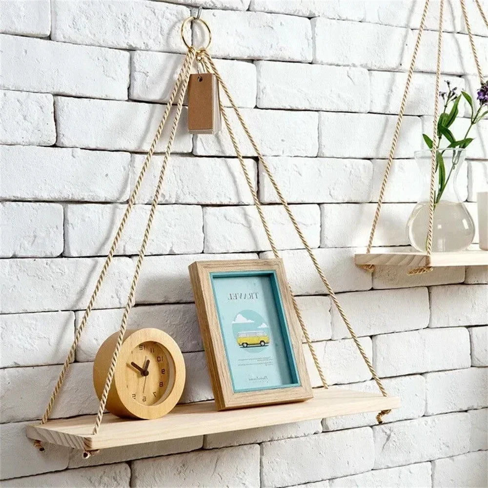 Wood Hanging Shelve Swing Hanging Hemp Rope Wall Shelve