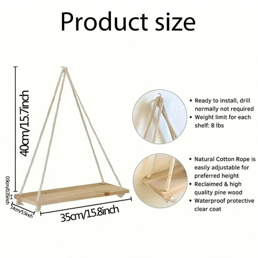 Wood Hanging Shelve Swing Hanging Hemp Rope Wall Shelve